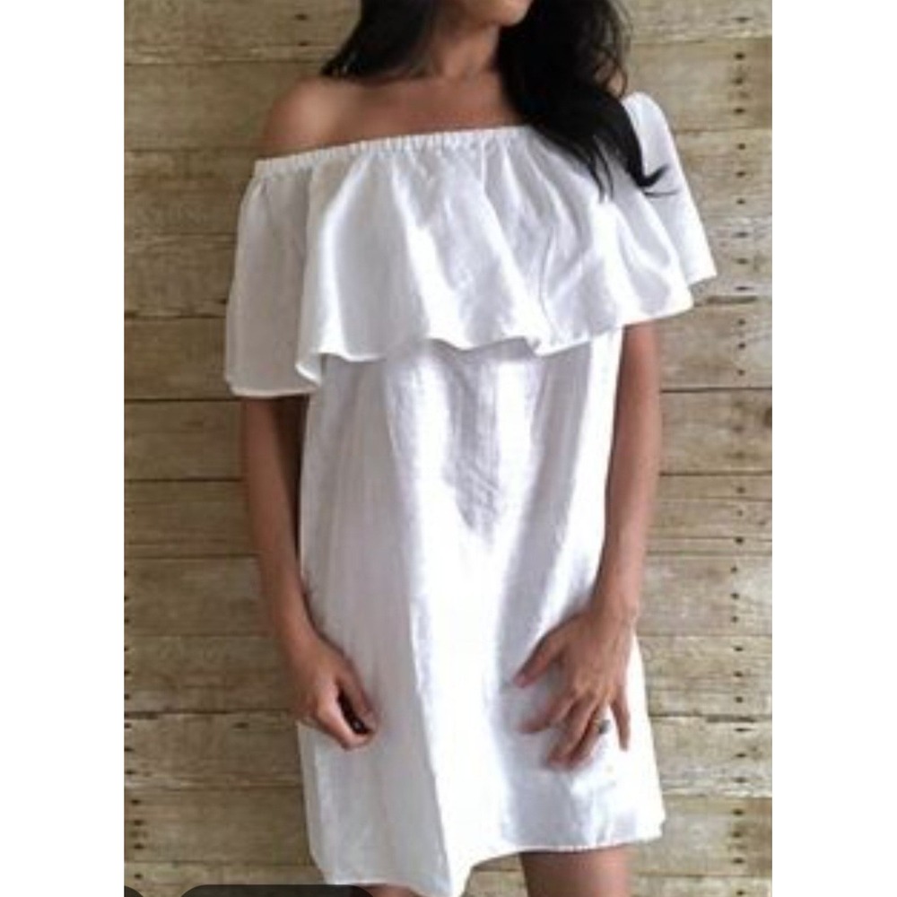 J.Crew Off the shoulder Linen Blend Rouche White Lightweight Mini Dress sz S